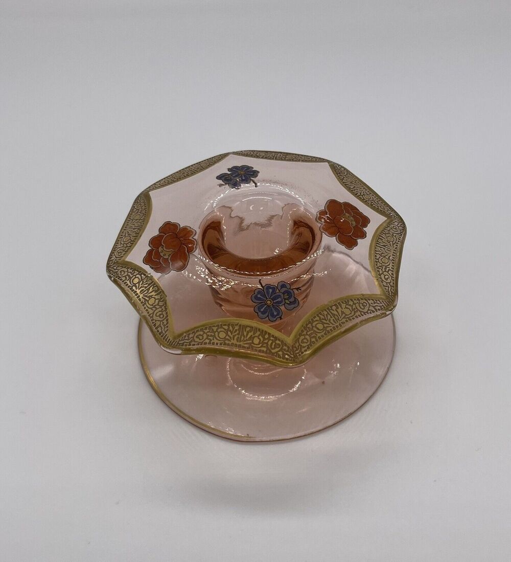 Vintage Pink Depression Glass Candleholder flowers gold trim
